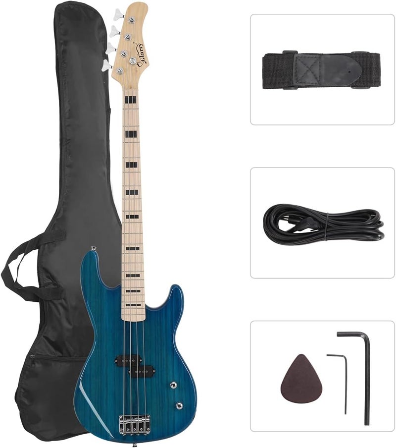 GLARRY GP Series Full Size Electric Bass Guitar 4 String Beginner Kit Canadian Maple Fingerboard with Cable, Strap, Bag and Accessories(Blue) - Image 1
